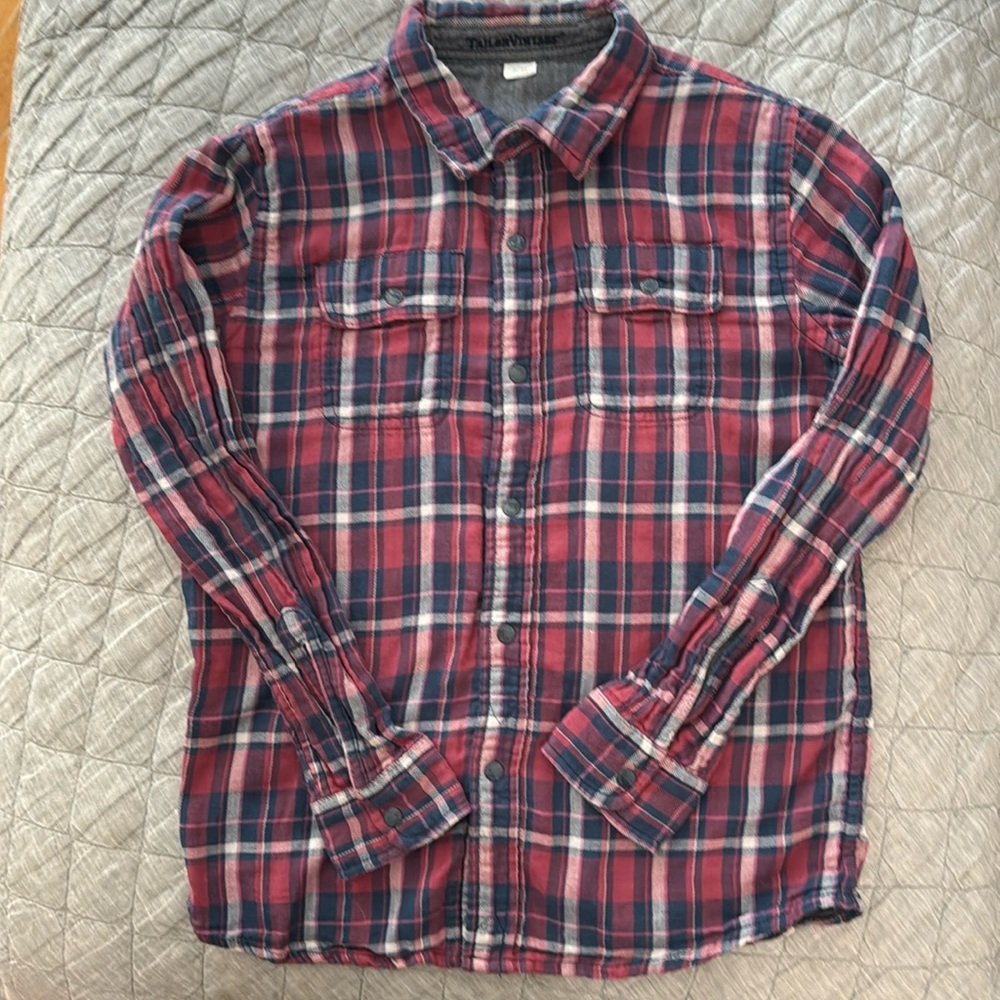 Tailor Vintage Reversible Button Down Shirt - red plaid/blue chambray.